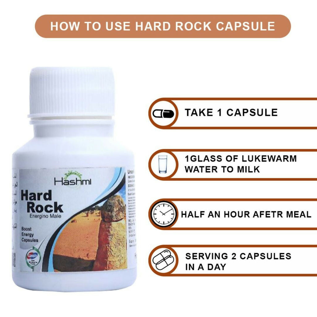 Hashmi Pharmacy Hard Rock Capsules are formulated with natural ingredients like Ashwagandha, Safed Musli, Gokshur, Gheekwar, and more. | Grocsy