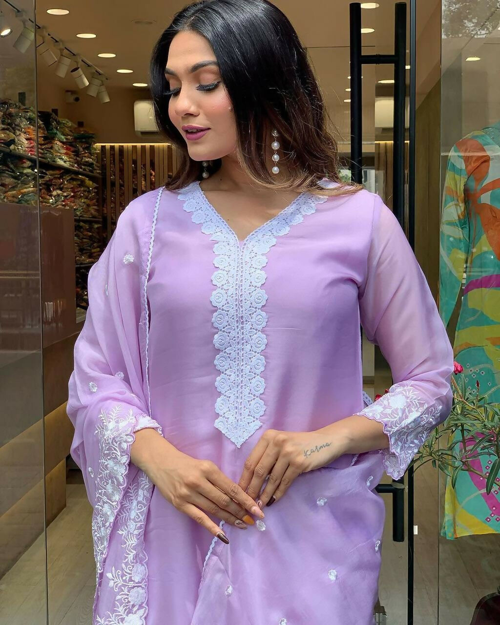 The52 Lavender Women's Gorgeous Embroidered Georgette Fabric Straight Kurta Pant with Dupatta Set | Grocsy