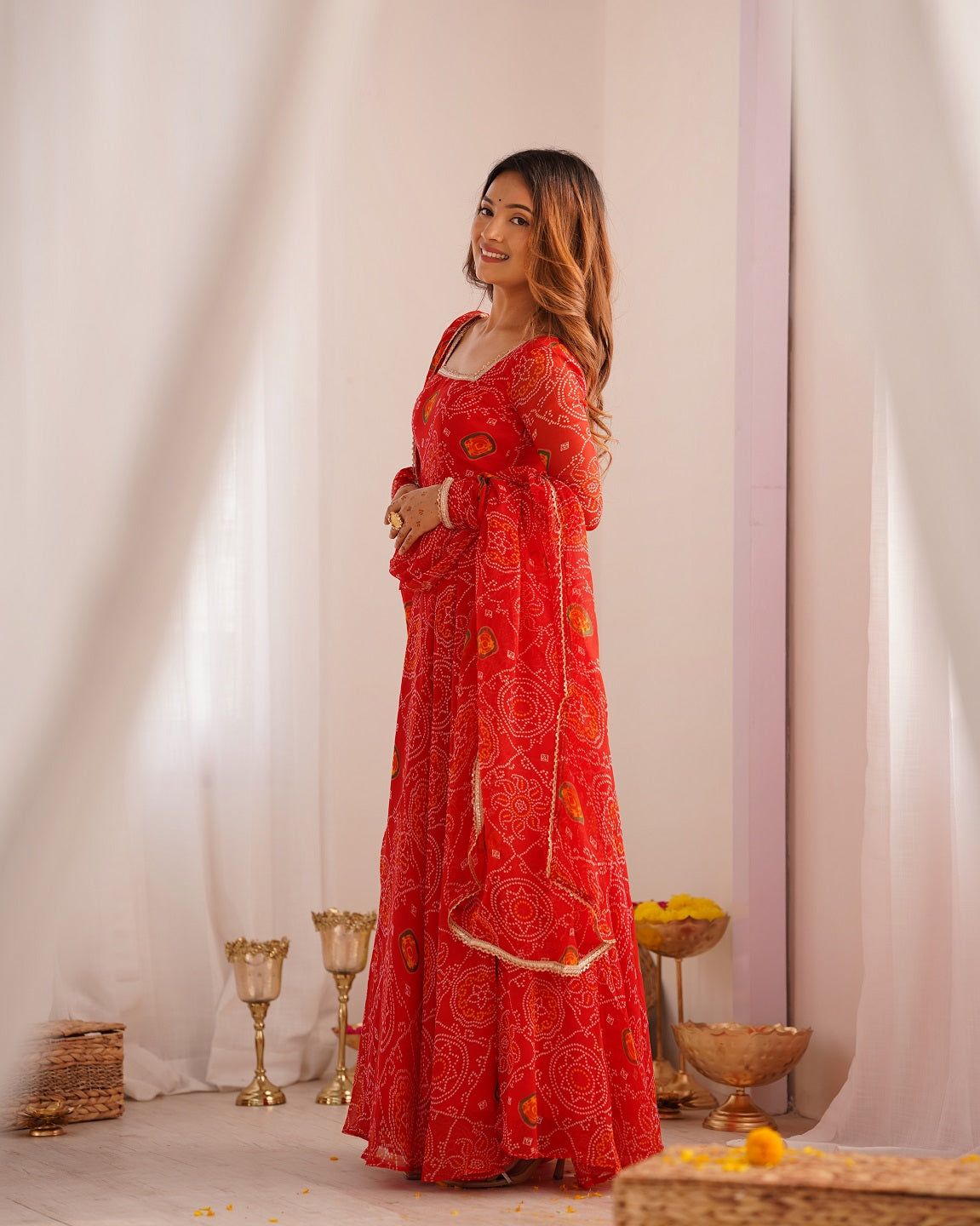 Evanik Red Pure Lightweight Chiffon Bandhej Design Anarkali Pant With Dupatta | Grocsy