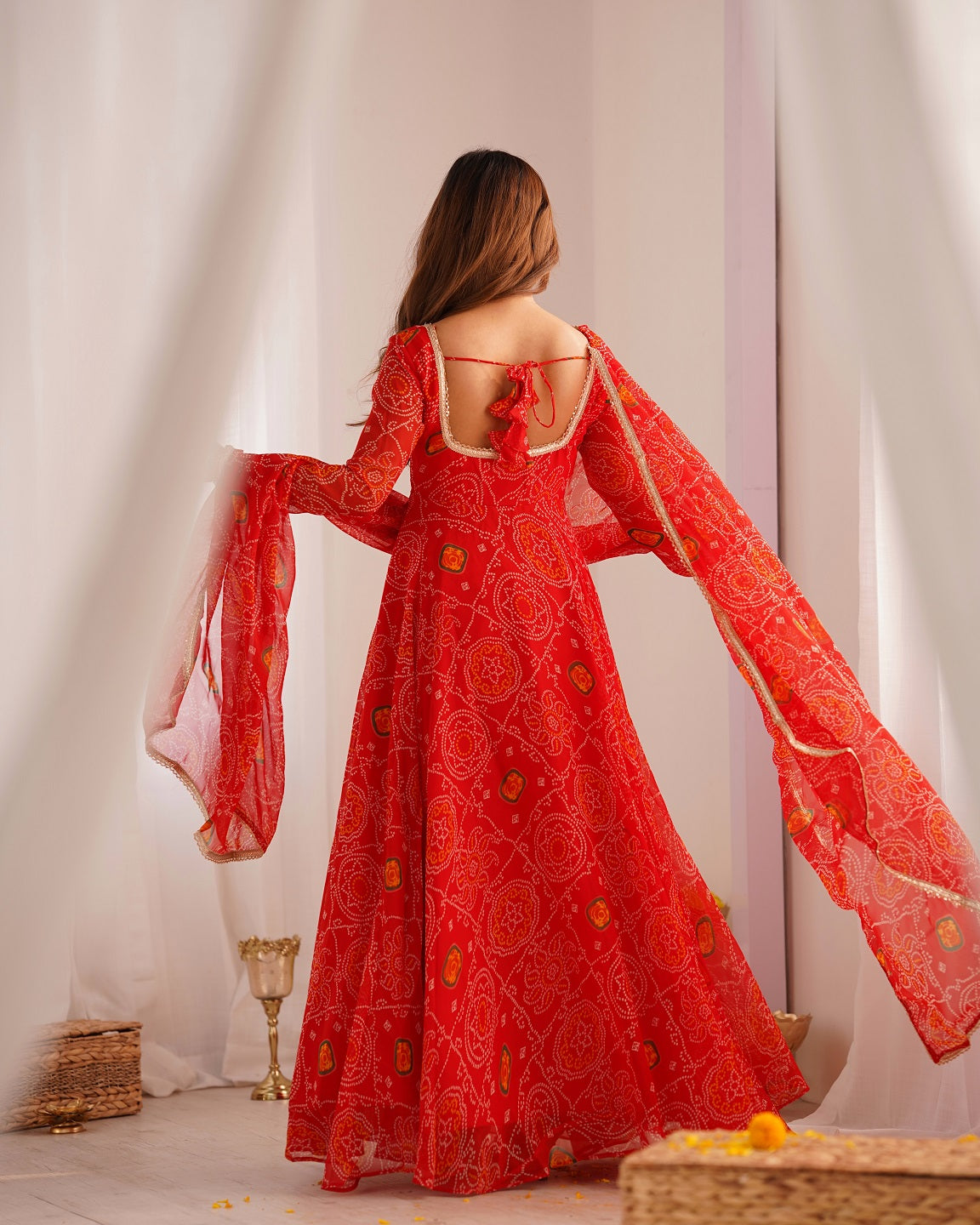 Evanik Red Pure Lightweight Chiffon Bandhej Design Anarkali Pant With Dupatta | Grocsy