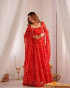 Evanik Red Pure Lightweight Chiffon Bandhej Design Anarkali Pant With Dupatta | Grocsy