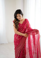 Lorenvalley Fashion Red Solo Georgette Superb Finishing Foils Print & Fancy Zalar Lace in Border Saree with Blouse | Grocsy