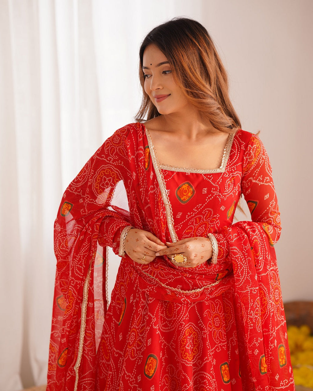 Evanik Red Pure Lightweight Chiffon Bandhej Design Anarkali Pant With Dupatta | Grocsy