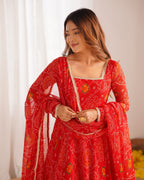 Evanik Red Pure Lightweight Chiffon Bandhej Design Anarkali Pant With Dupatta | Grocsy