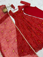Evanik Red Pure Lightweight Chiffon Bandhej Design Anarkali Pant With Dupatta | Grocsy