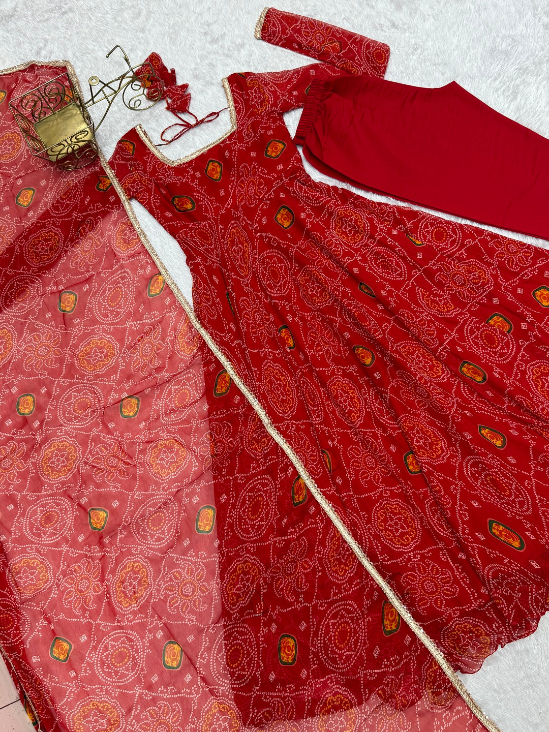 Evanik Red Pure Lightweight Chiffon Bandhej Design Anarkali Pant With Dupatta | Grocsy
