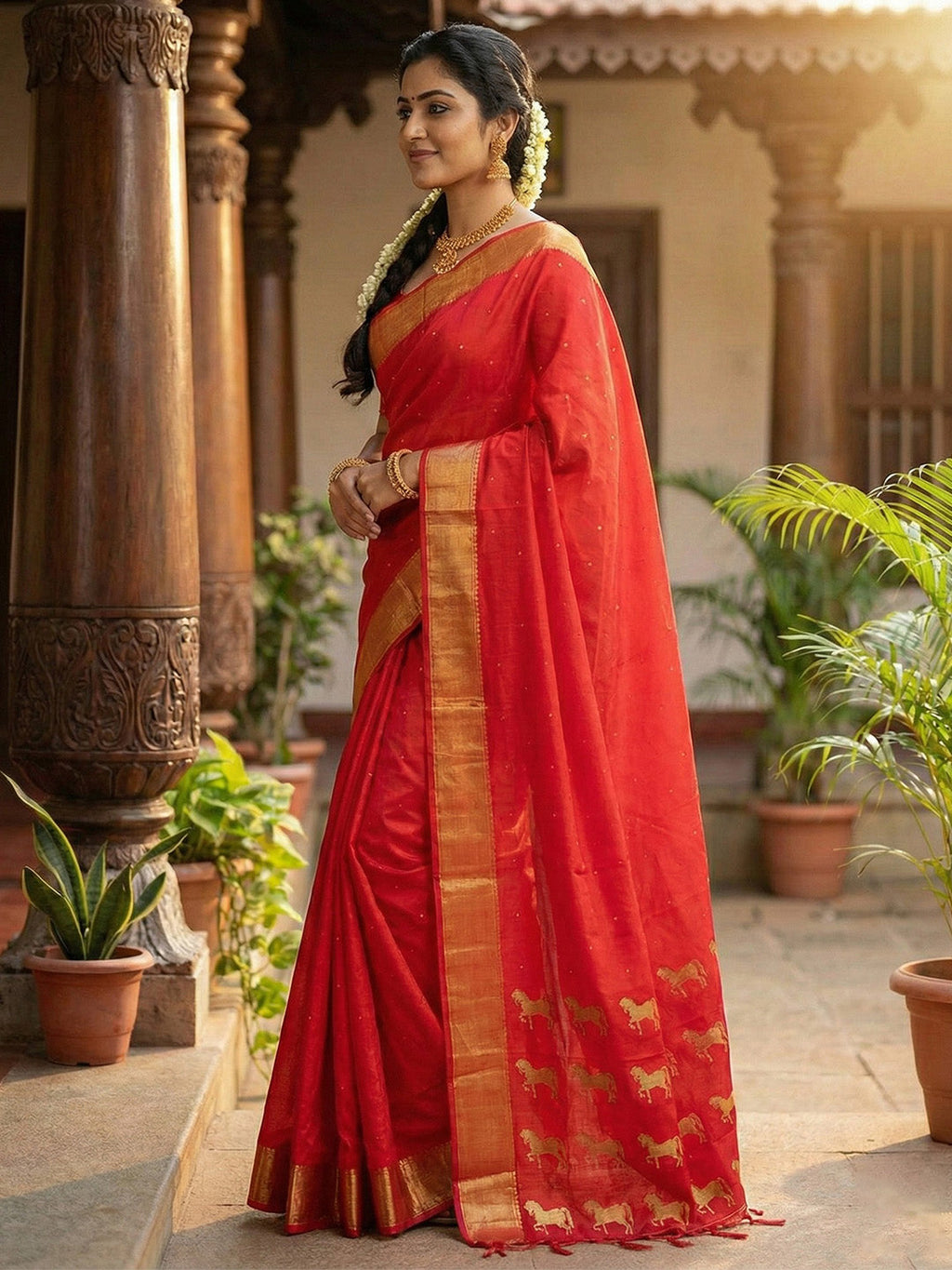 Anaita Red Silk Saree With Blouse Piece | Grocsy