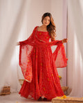 Evanik Red Pure Lightweight Chiffon Bandhej Design Anarkali Pant With Dupatta | Grocsy