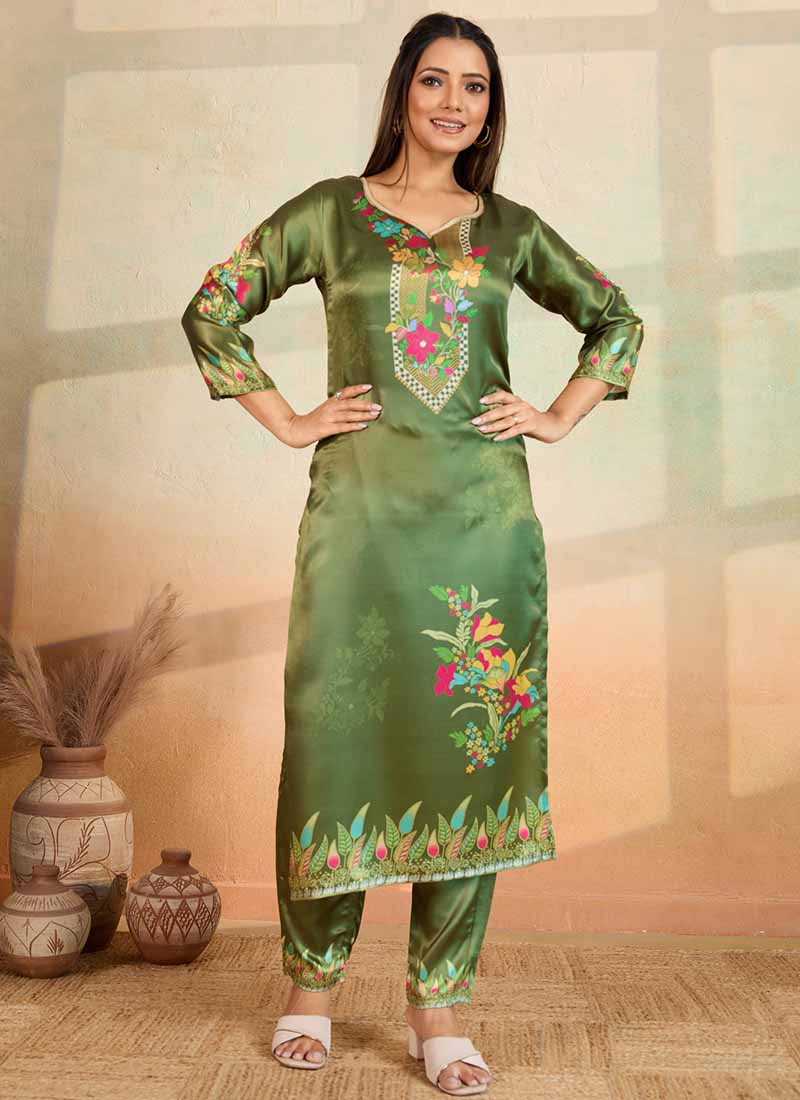 Prazu Fashion Mahendi Green Printed Cotton Reyon Kurta Pant Set | Grocsy