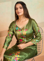 Prazu Fashion Mahendi Green Printed Cotton Reyon Kurta Pant Set | Grocsy