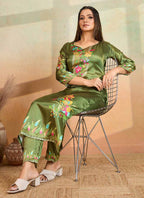 Prazu Fashion Mahendi Green Printed Cotton Reyon Kurta Pant Set | Grocsy