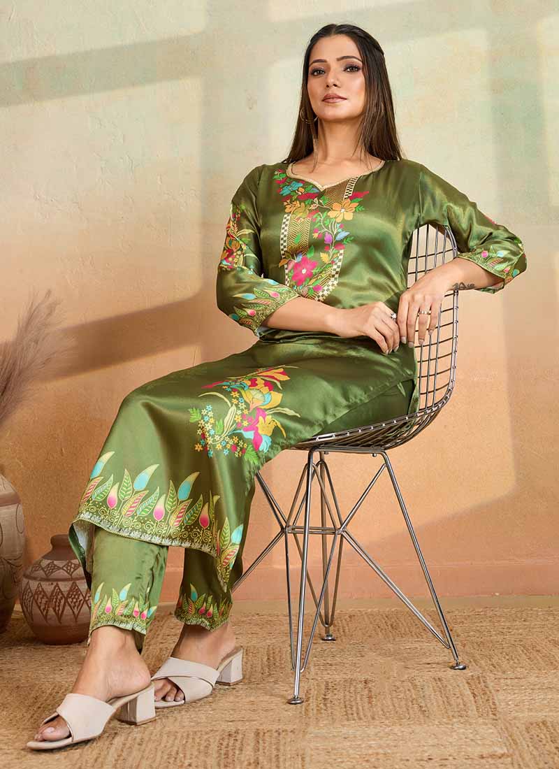 Prazu Fashion Mahendi Green Printed Cotton Reyon Kurta Pant Set | Grocsy