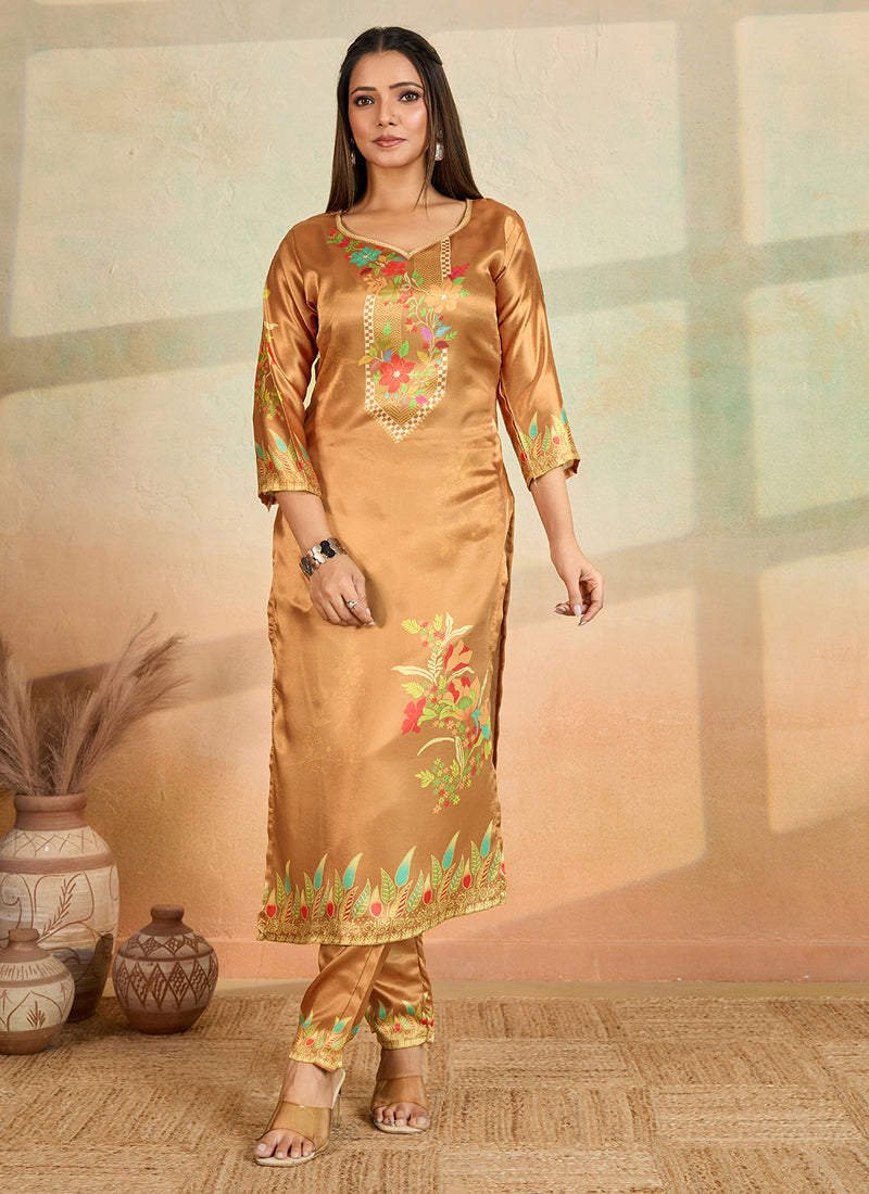 Prazu Fashion Mustard Printed Cotton Reyon Kurta Pant Set | Grocsy