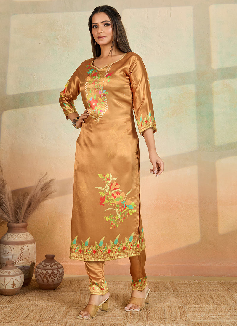 Prazu Fashion Mustard Printed Cotton Reyon Kurta Pant Set | Grocsy