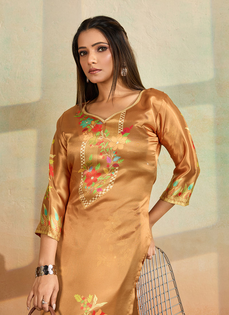 Prazu Fashion Mustard Printed Cotton Reyon Kurta Pant Set | Grocsy