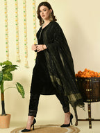 Myshka Women's Black Velvet Kurta & Trousers With Dupatta Party Sets | Grocsy
