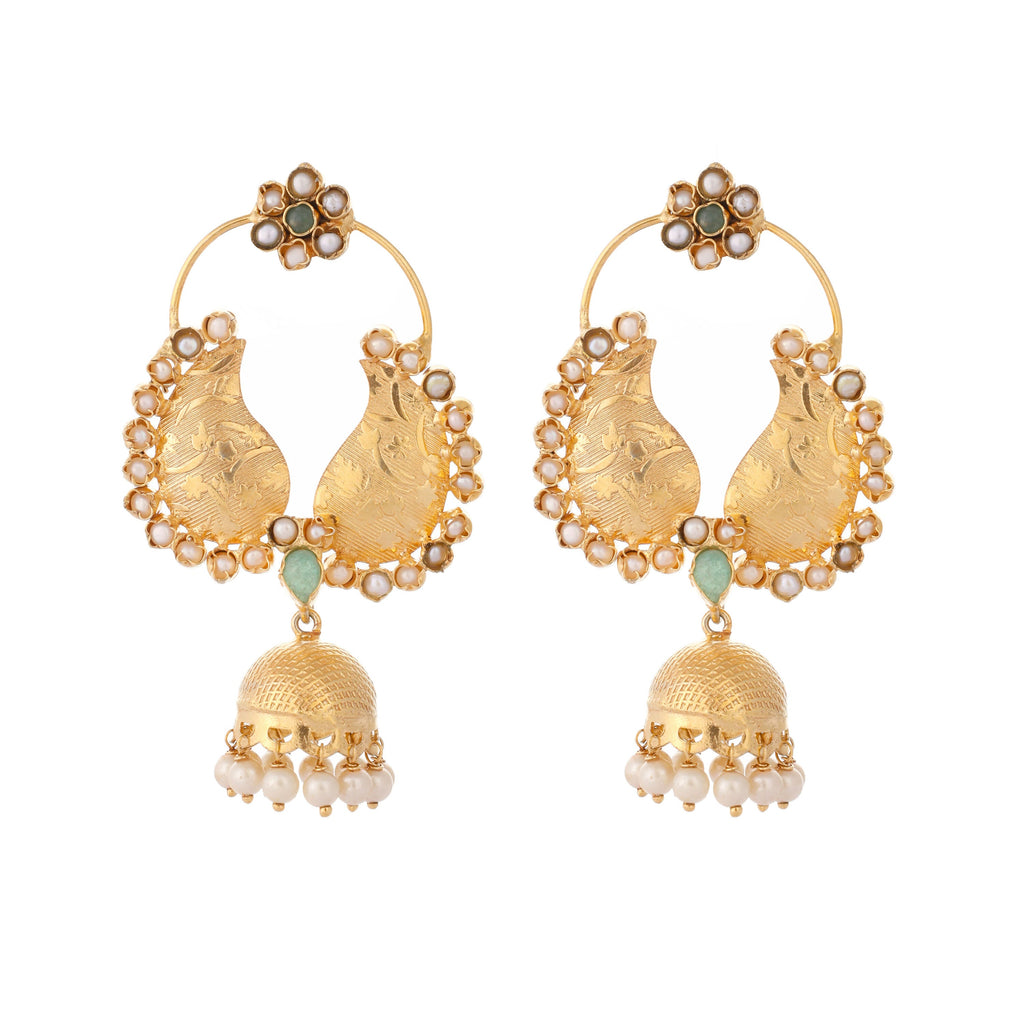 Nuyug 22K Gold Plated Pearls Studded Contemporary Shaped Mini Jhumki Drop Dangler Earrings | Grocsy