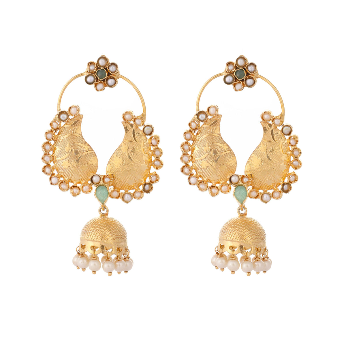 Nuyug 22K Gold Plated Pearls Studded Contemporary Shaped Mini Jhumki Drop Dangler Earrings | Grocsy