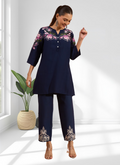 Joban Fashion Navy Blue Cotton, Linen Embroidered Readymade Cord Set | Grocsy