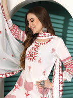Sangria White Ethnic Motifs Embroidered Notch Neck Cotton Kurta With Trouser & Dupatta | Grocsy