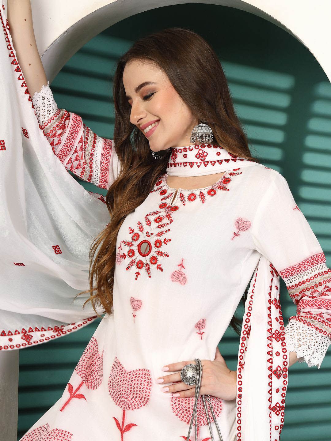 Sangria White Ethnic Motifs Embroidered Notch Neck Cotton Kurta With Trouser & Dupatta | Grocsy