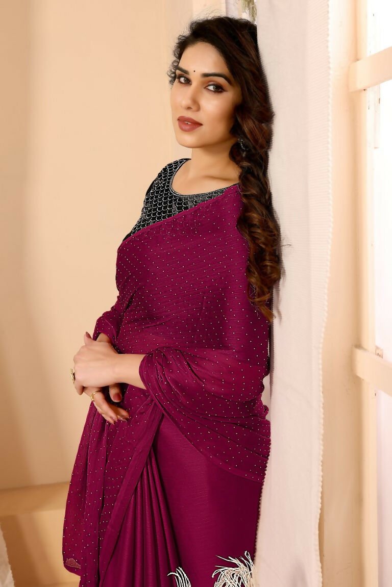 Aafreen Partywear Designer Pink Satin Chiffon Fancy Saree | Grocsy