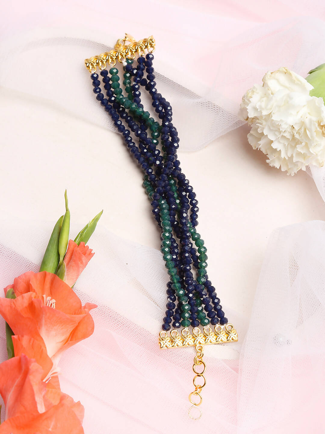 Women's Gold-Toned, Navy Blue Green Onyx Gold-Polished Multistrand Bracelet - Ruby Raang | Grocsy