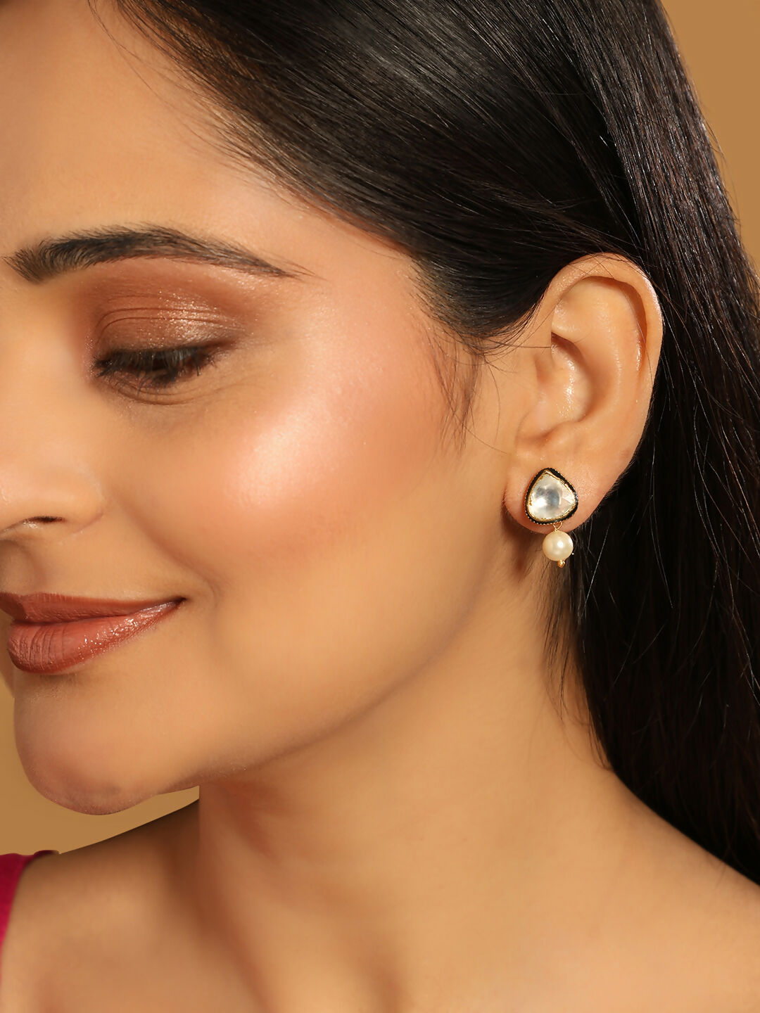 Nuyug 22K Gold Plated Kundan Stone Ethnic Mini Pearl Drop Studs | Grocsy