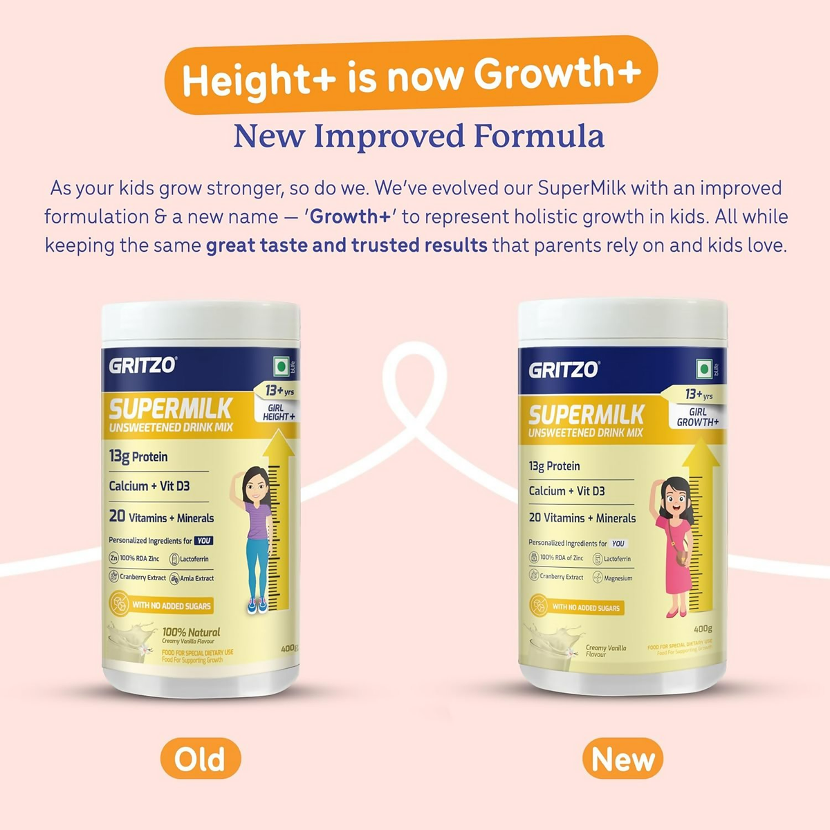 Gritzo SuperMilk Growth+ (Formerly Height+) Unsweetened Drink Mix (13+y Girls), 13g Protein Powder - Creamy Vanilla | Grocsy