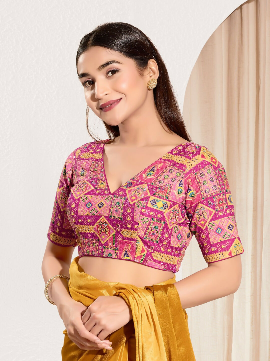 Joban Fashion Pink Viscose Rayon Padded Blouse With V Neck Elbow Sleeves | Grocsy