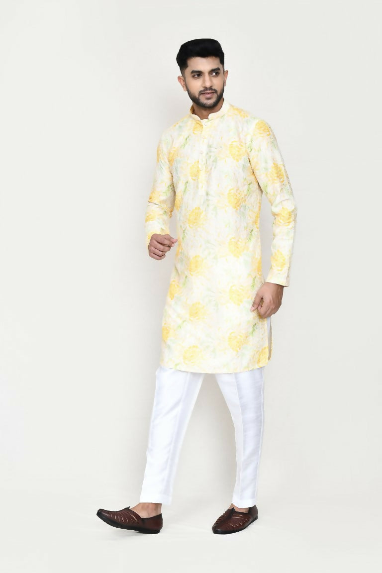 Joban Fashion Yellow Colored Rayon Based With Digital Print Fabric Kurta With Straight Fit Pant | Grocsy