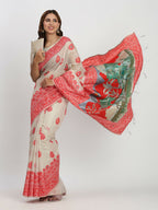 Shree Shyam Fashion Linen Cotton Cream & Red Saree | Grocsy