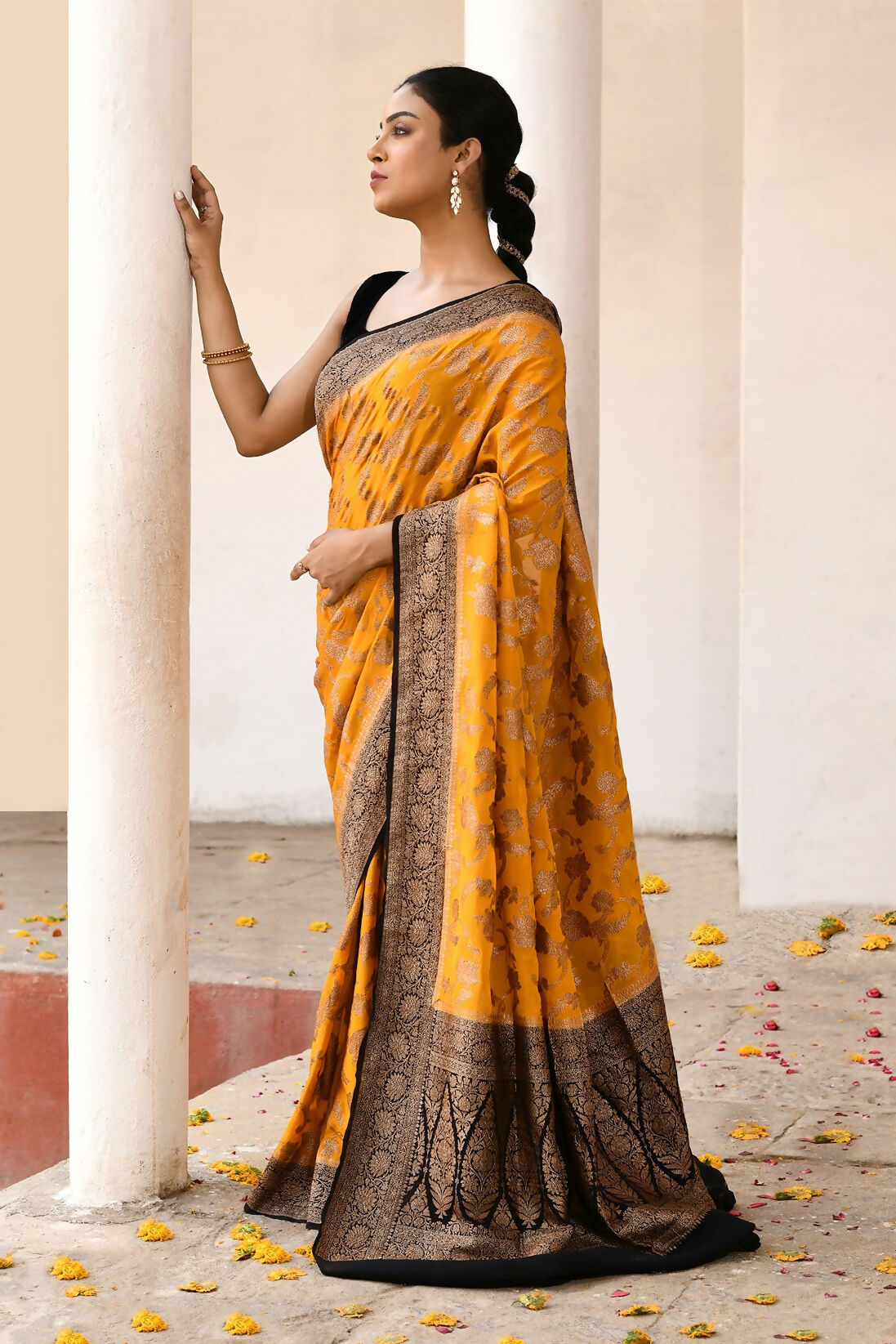 Joban Fashion Yellow Crepe Chiffon Pure Handloom Banarasi Silk Saree | Grocsy