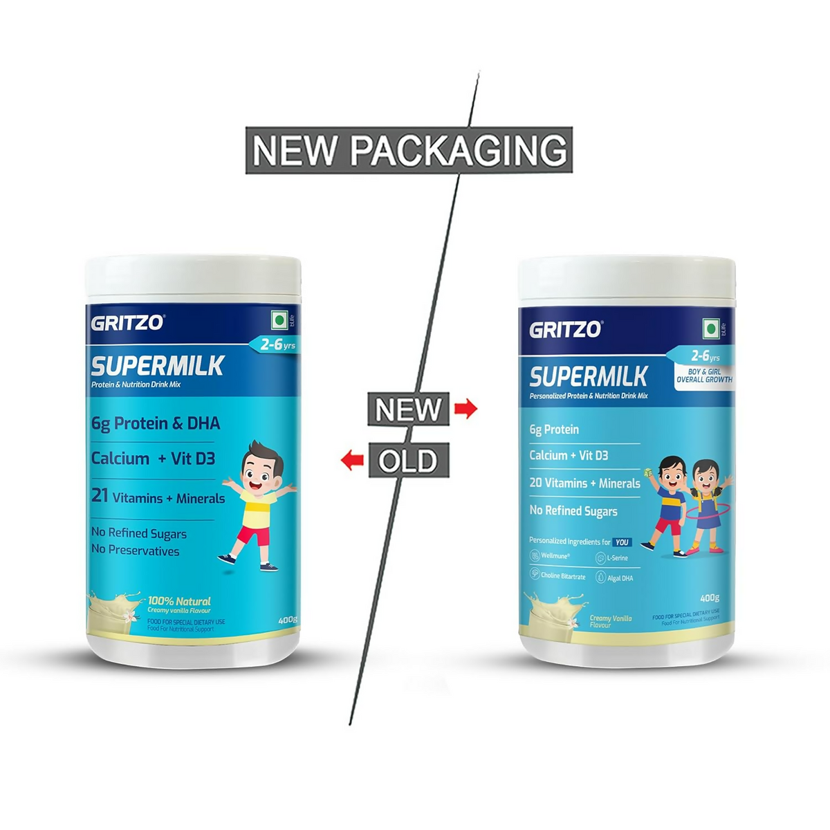 Gritzo SuperMilk Overall Growth (2-6y Boy & Girl), 6g Protein Powder (Creamy Vanilla) | Grocsy
