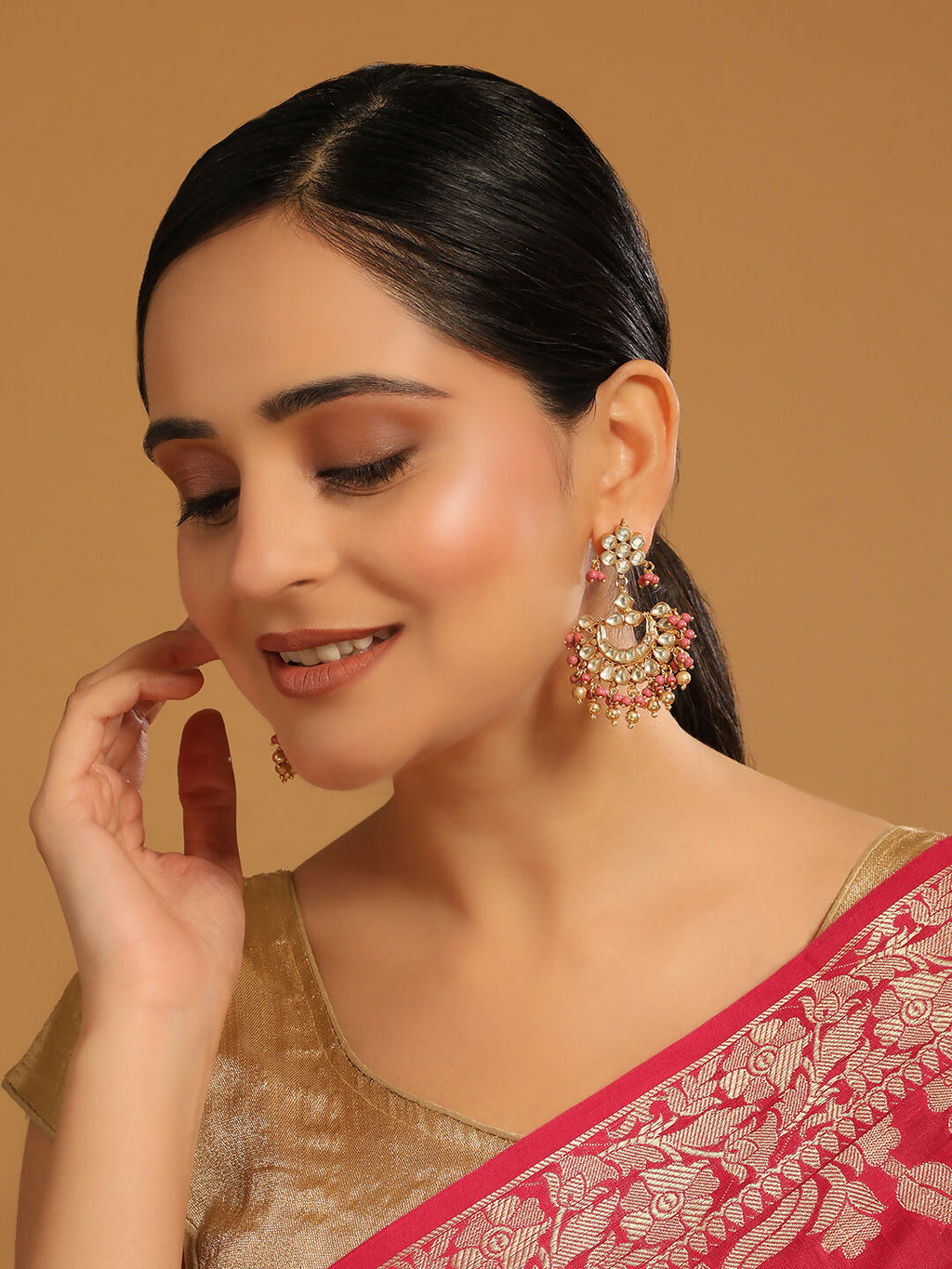 Nuyug 22k Gold-Plated Kundan Chandbali Earrings with Pink Stones | Grocsy
