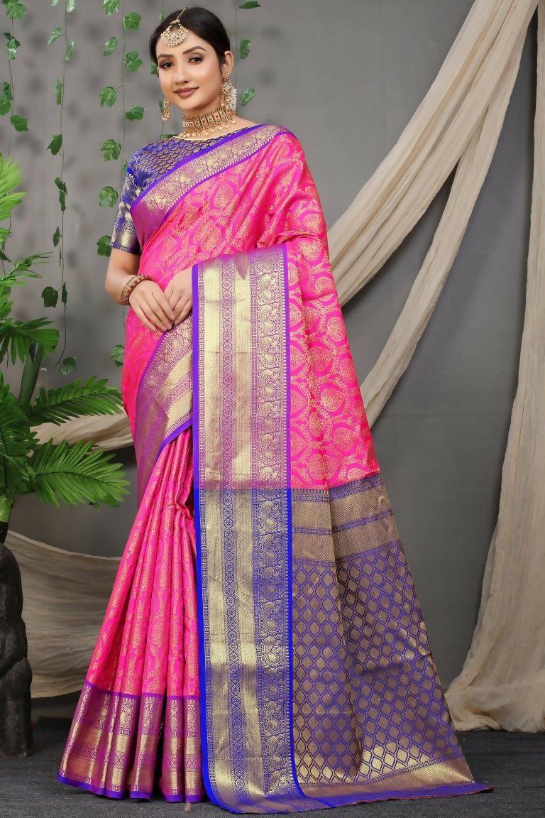Jyoti Fashion Women's Pink Kanjivaram Silk Zari Woven Saree with Blouse | Grocsy