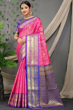 Jyoti Fashion Women's Pink Kanjivaram Silk Zari Woven Saree with Blouse | Grocsy