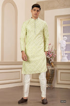 Raivat Ethnic Men's Art Silk Thread Work Kurta Pyjama In Green Colour | Grocsy