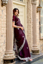 Vastranavya Wine Embroidery Work Shimmer Chiffon Saree with Unstitched Blouse | Grocsy