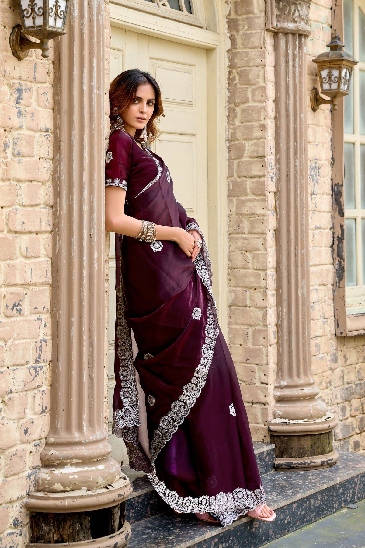 Vastranavya Wine Embroidery Work Shimmer Chiffon Saree with Unstitched Blouse | Grocsy