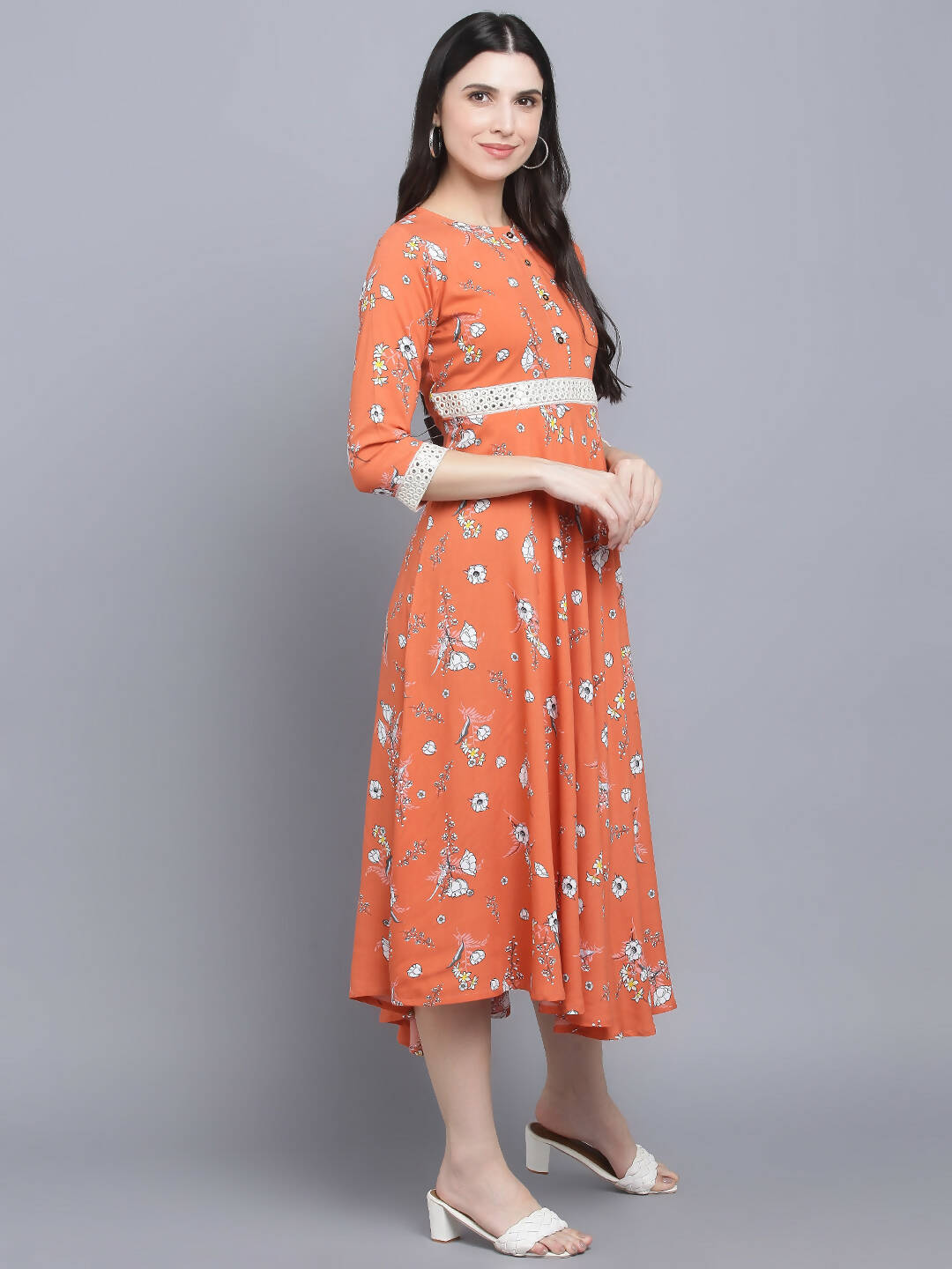 Myshka Women's Orange Floral Midi Dress | Grocsy