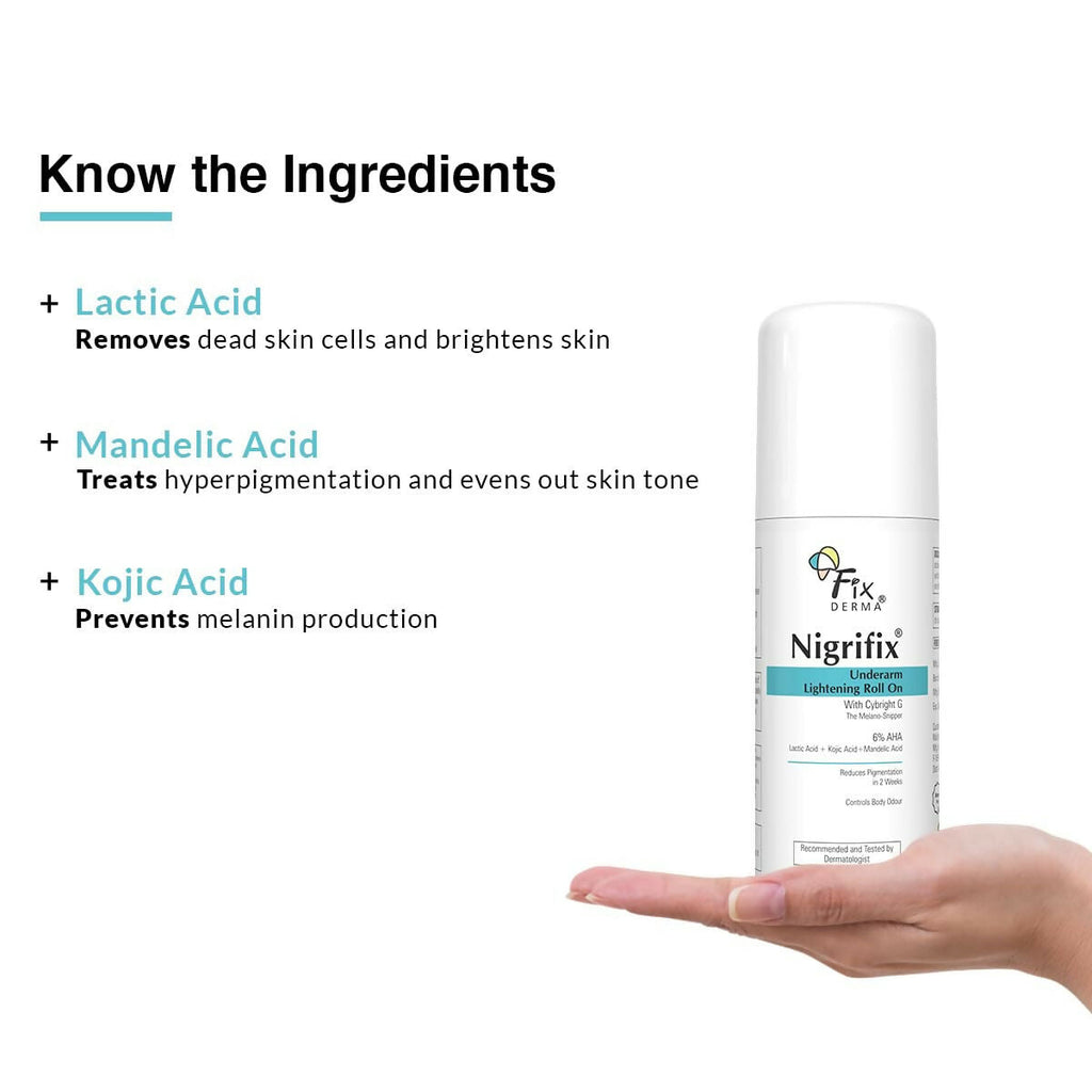 Fixderma Nigrifix Underarm Lightening Roll on with 6% AHA, Lactic Acid & 1% Mandelic Acid, Brightens Skin & Exfoliates Underarm | Grocsy