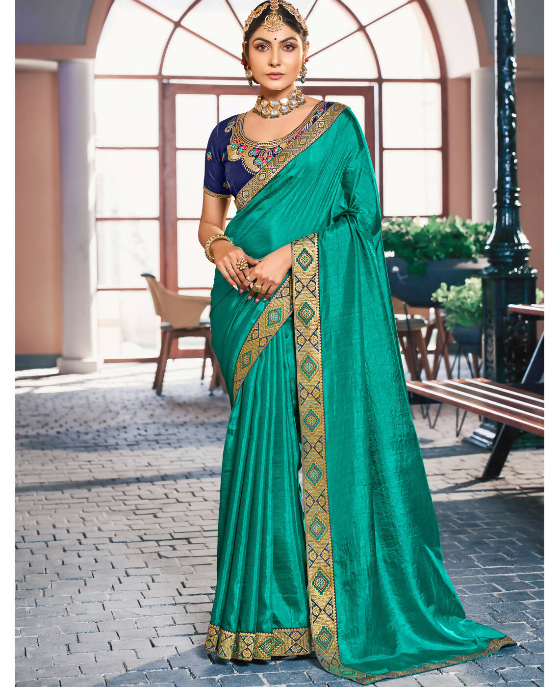 Sea Green Solid Vichitra Saree With Unstitched Blouse Piece - Selena | Grocsy