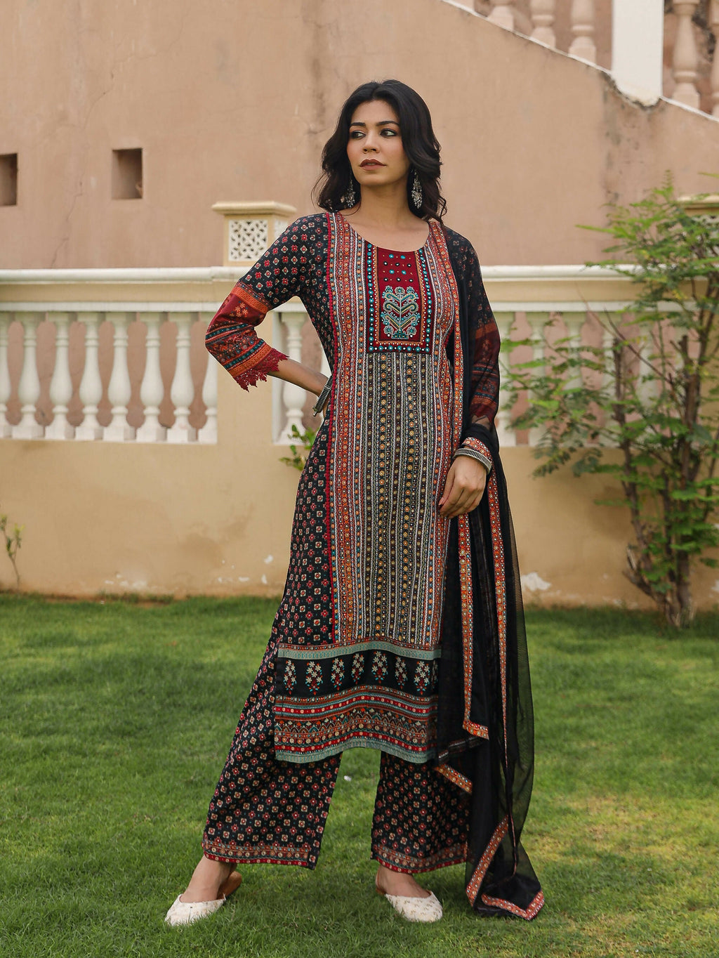 Juniper Women's Black Ethnic Motif Printed Rayon Kurta Palazzo And Dupatta With Mirror & Thread Work | Grocsy