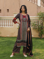 Juniper Women's Black Ethnic Motif Printed Rayon Kurta Palazzo And Dupatta With Mirror & Thread Work | Grocsy