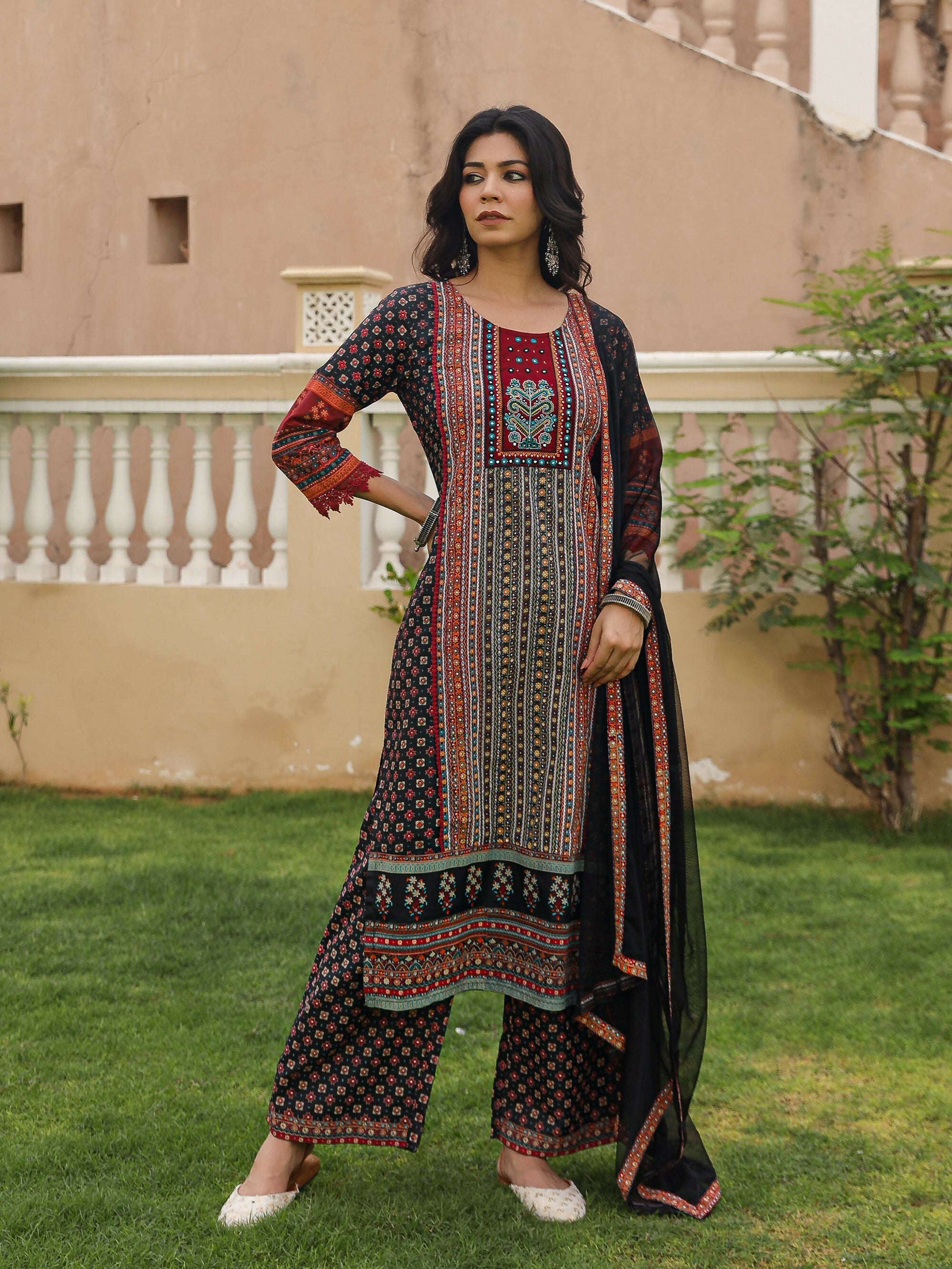 Juniper Women's Black Ethnic Motif Printed Rayon Kurta Palazzo And Dupatta With Mirror & Thread Work | Grocsy