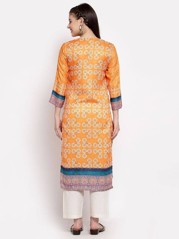 Myshka Women's Multi Cotton Printed 3/4 Sleeve Round Neck Casual Kurta | Grocsy