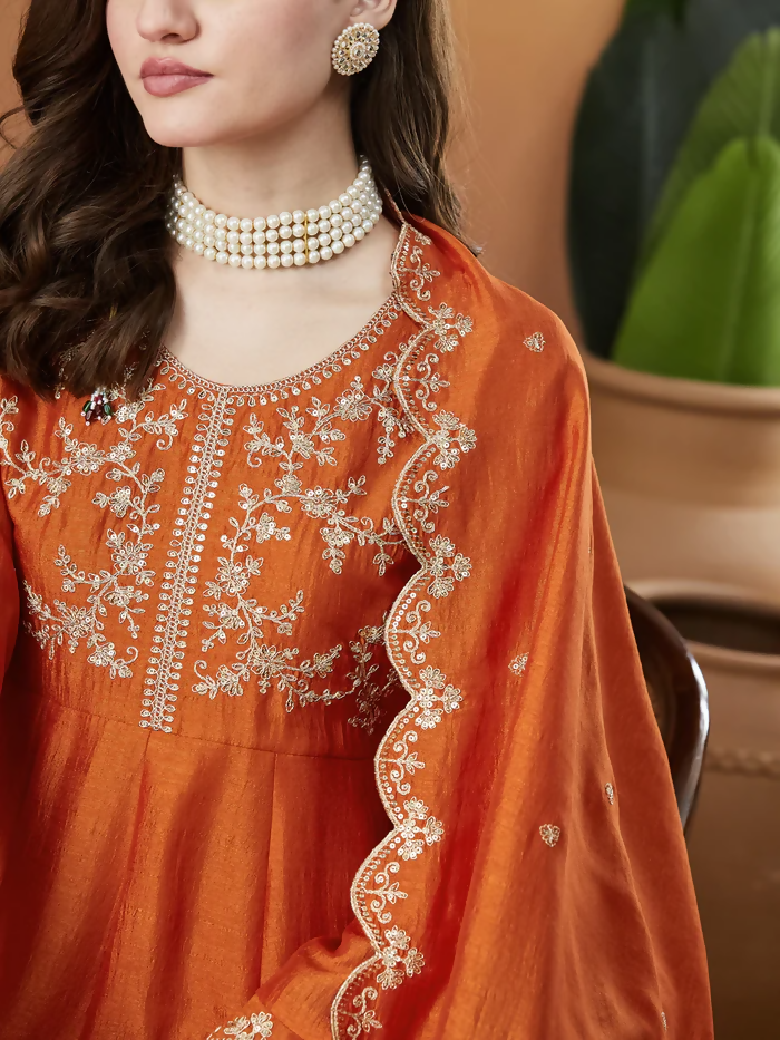 The52 Orange Women's Beautiful Vichitra Silk Fabric Embroidered Work Flared Anarkali Pant and Dupatta Set | Grocsy