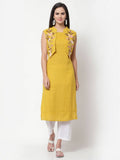 Myshka Women's Rayon Printed 3/4 Sleeve Round Neck Casual Yellow Dress | Grocsy