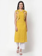 Myshka Women's Rayon Printed 3/4 Sleeve Round Neck Casual Yellow Dress | Grocsy